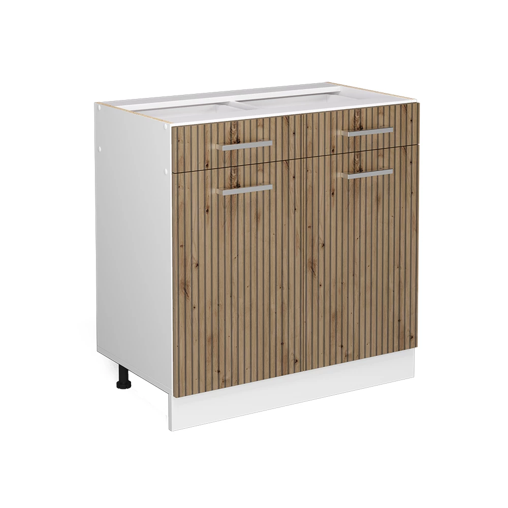 Façade de cuisine en Chêne Artisan sur fond blanc avec des éléments décoratifs
