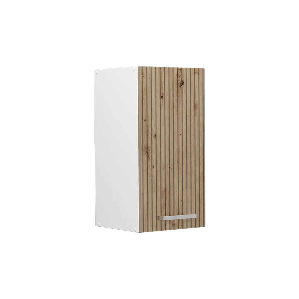 Façade de cuisine en Chêne Artisan sur fond blanc avec des éléments décoratifs
