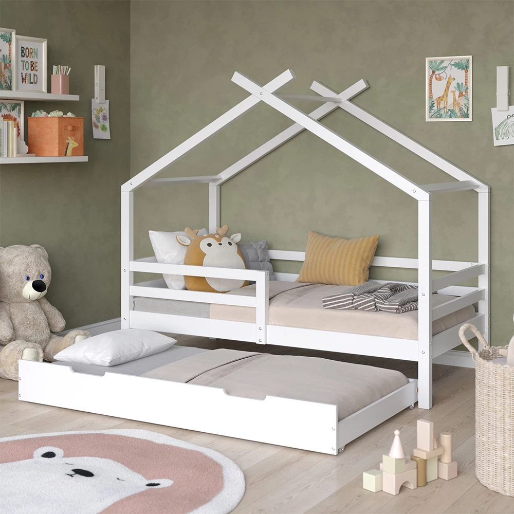 Nahaufnahme von Hausbett in Weiß, zeigt Design- und Oberflächendetails