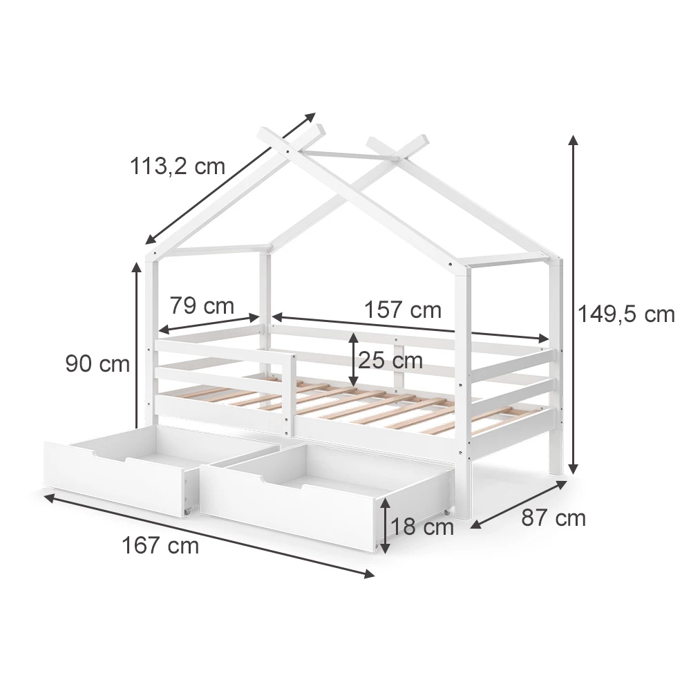 Hausbett in Weiß auf weißem Hintergrund mit sichtbaren Maßen