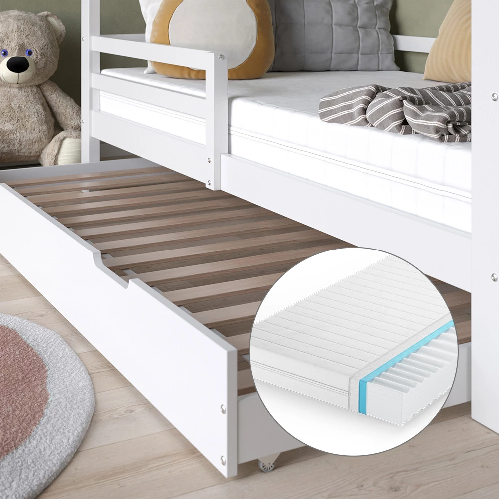 Nahaufnahme von Hausbett in Weiß, zeigt Textur/Details