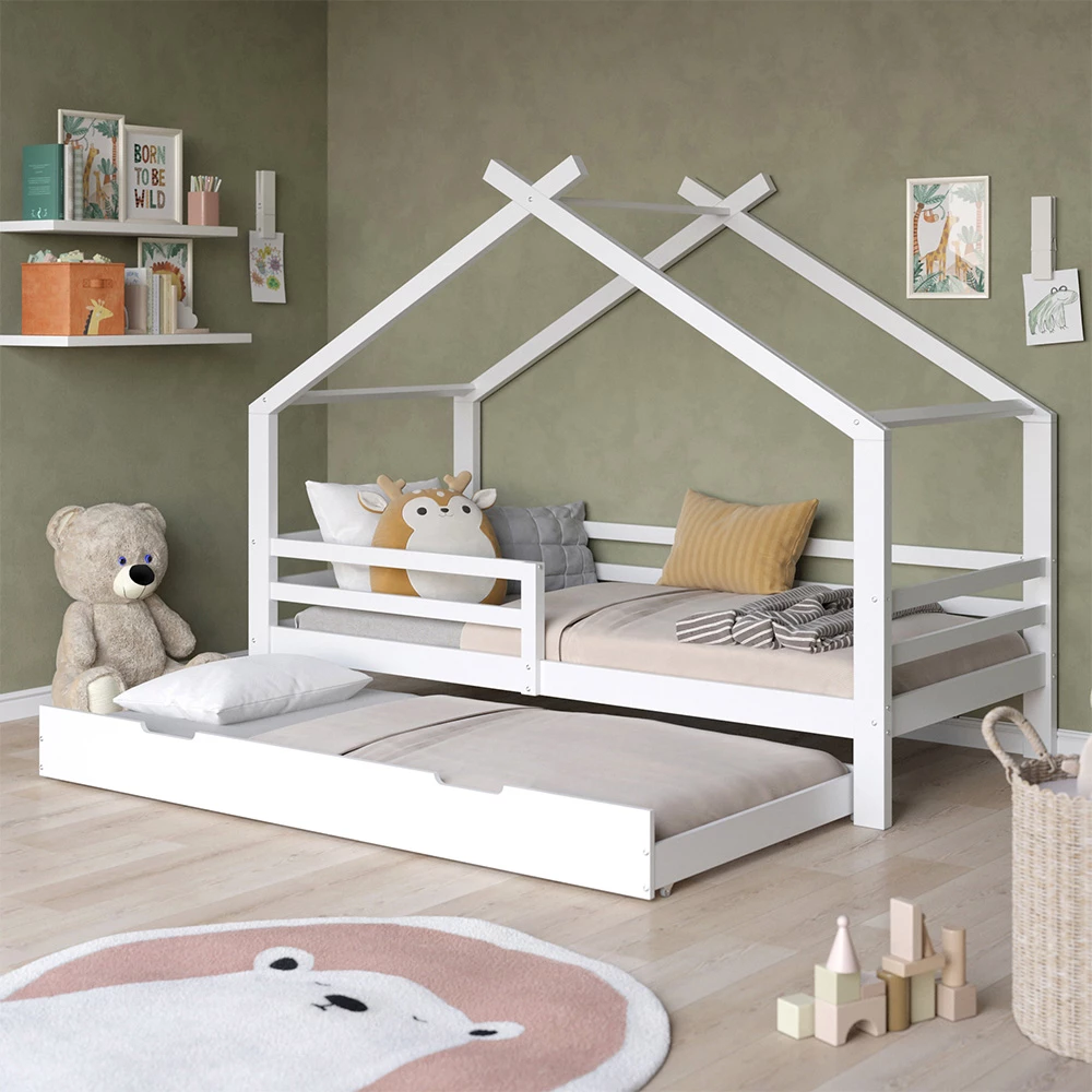 Nahaufnahme von Hausbett in Weiß, zeigt Design- und Oberflächendetails