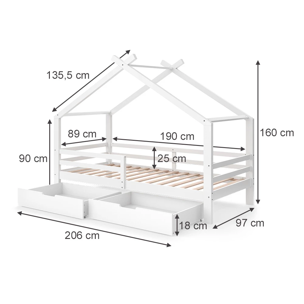 Hausbett in Weiß auf weißem Hintergrund mit sichtbaren Maßen