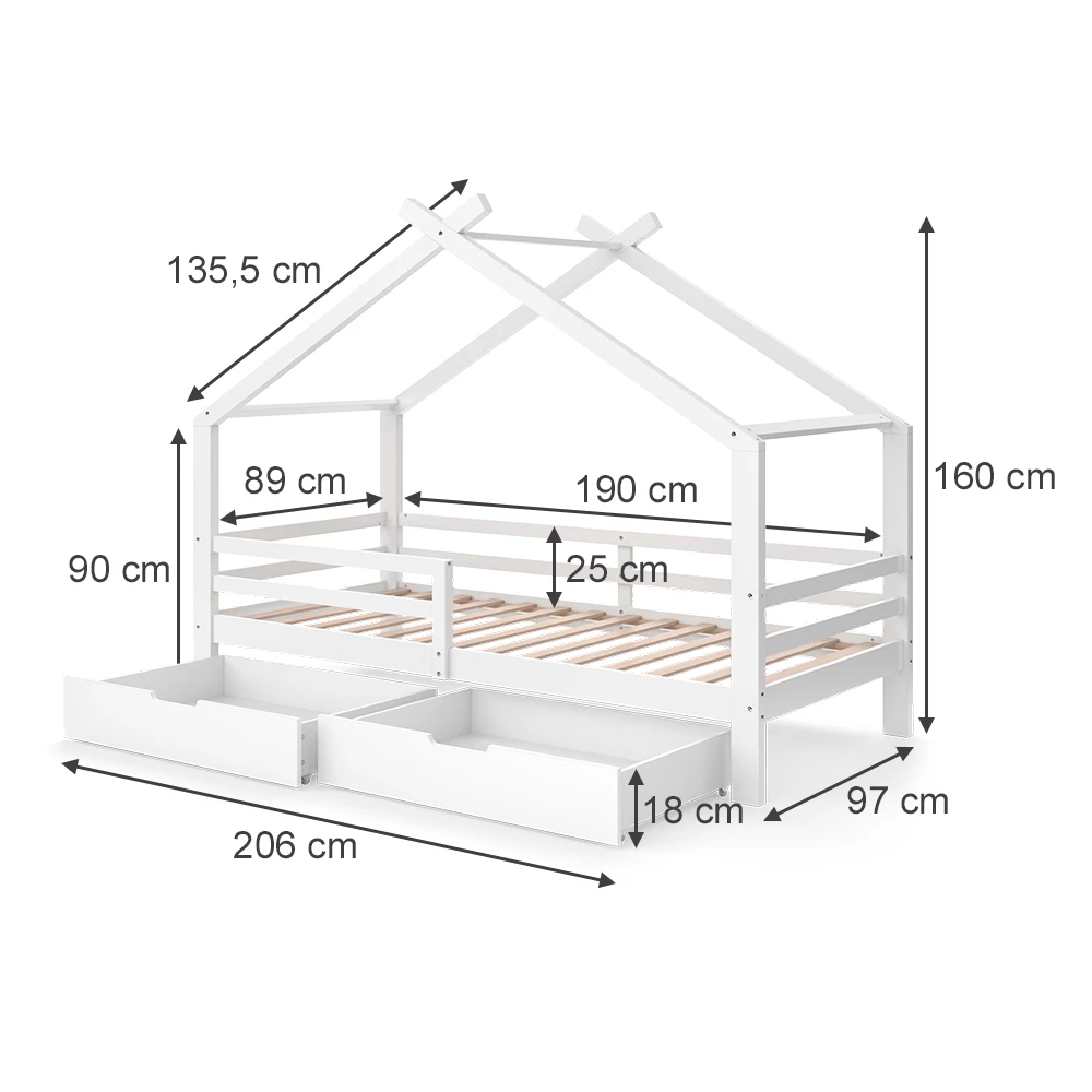 Hausbett in Weiß auf weißem Hintergrund mit sichtbaren Maßen