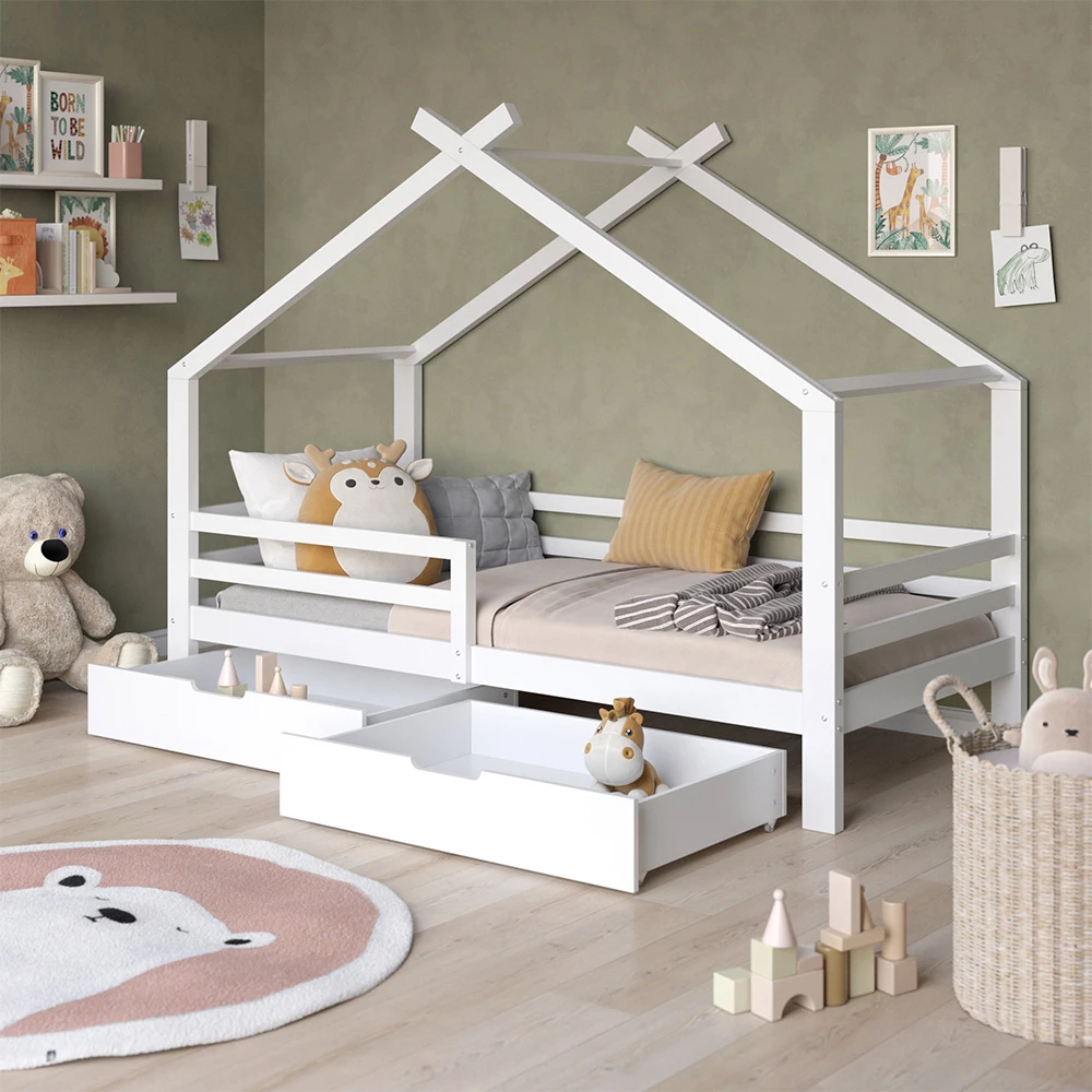 Nahaufnahme von Hausbett in Weiß, zeigt Design- und Oberflächendetails