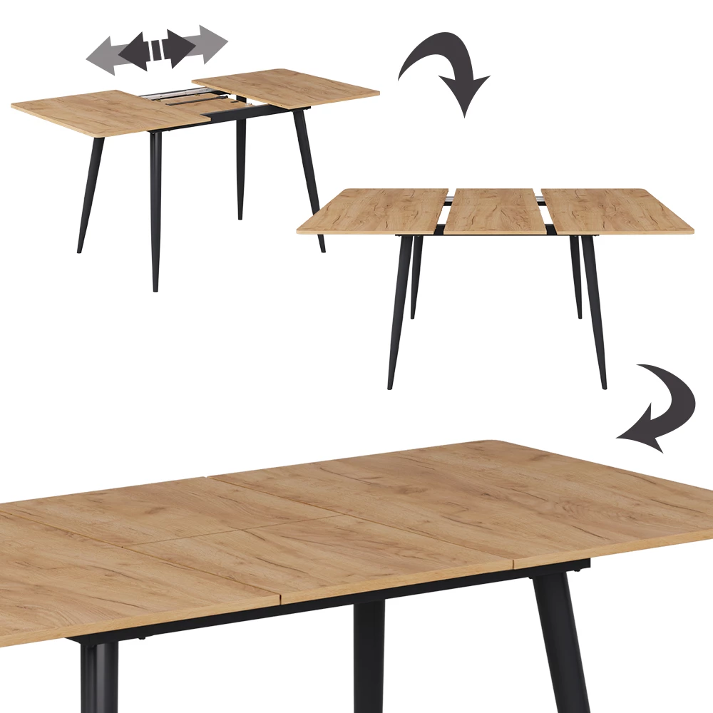 Nahaufnahme von Esstisch in Goldkraft Eiche/Schwarz, zeigt Design- und Oberflächendetails