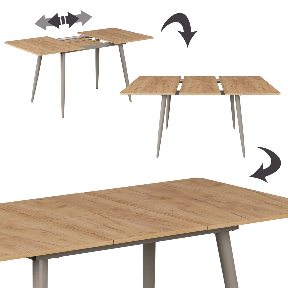 Nahaufnahme von Esstisch in Goldkraft Eiche/Greige, zeigt Design- und Oberflächendetails