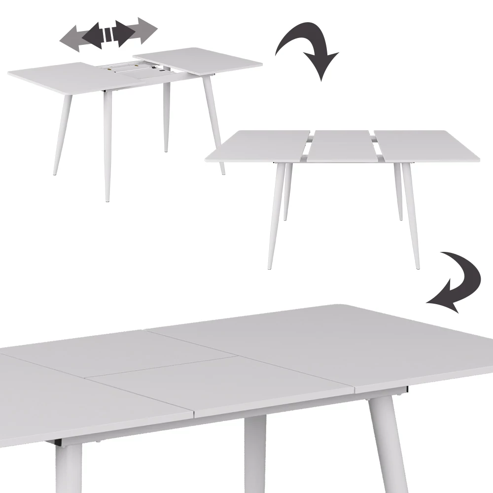 Nahaufnahme von Esstisch in Weiß, zeigt Design- und Oberflächendetails