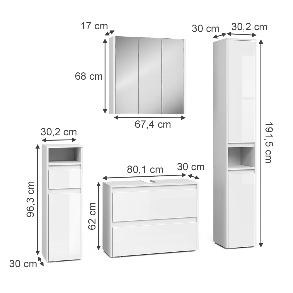 Set di mobili da bagno in Bianco lucido on white background with visible dimensions