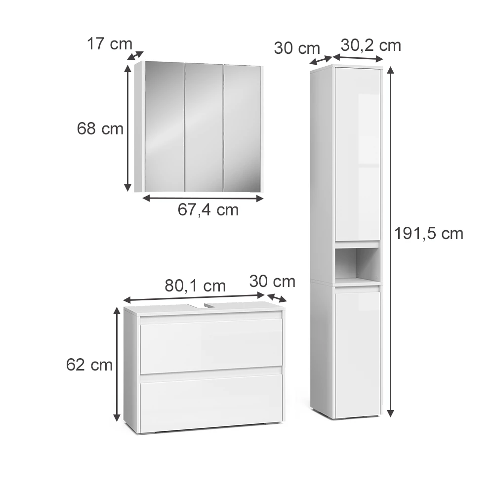 Set di mobili da bagno in Bianco lucido on white background with visible dimensions