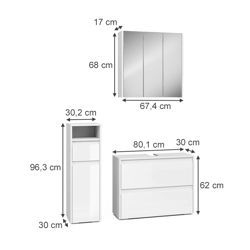 Set di mobili da bagno in Bianco lucido on white background with visible dimensions