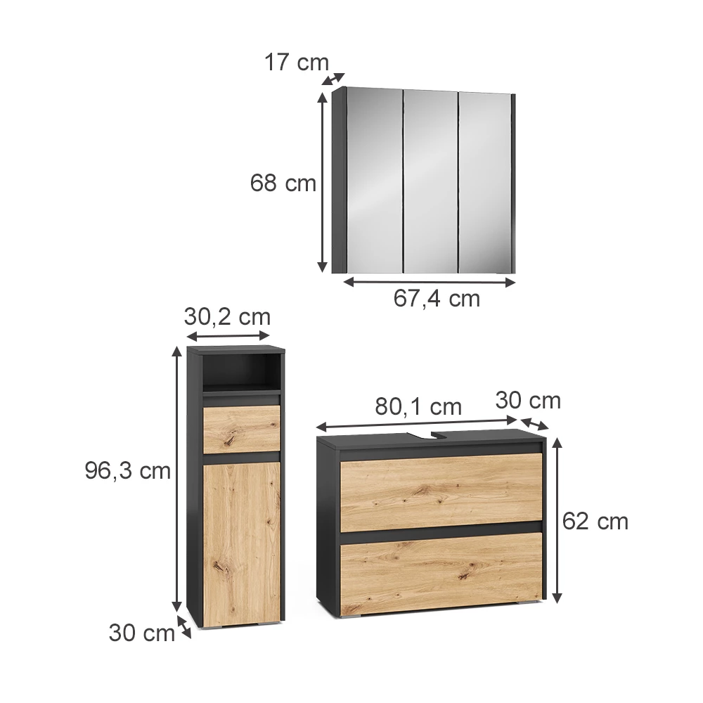 Set di mobili da bagno in Artigiano on white background with visible dimensions