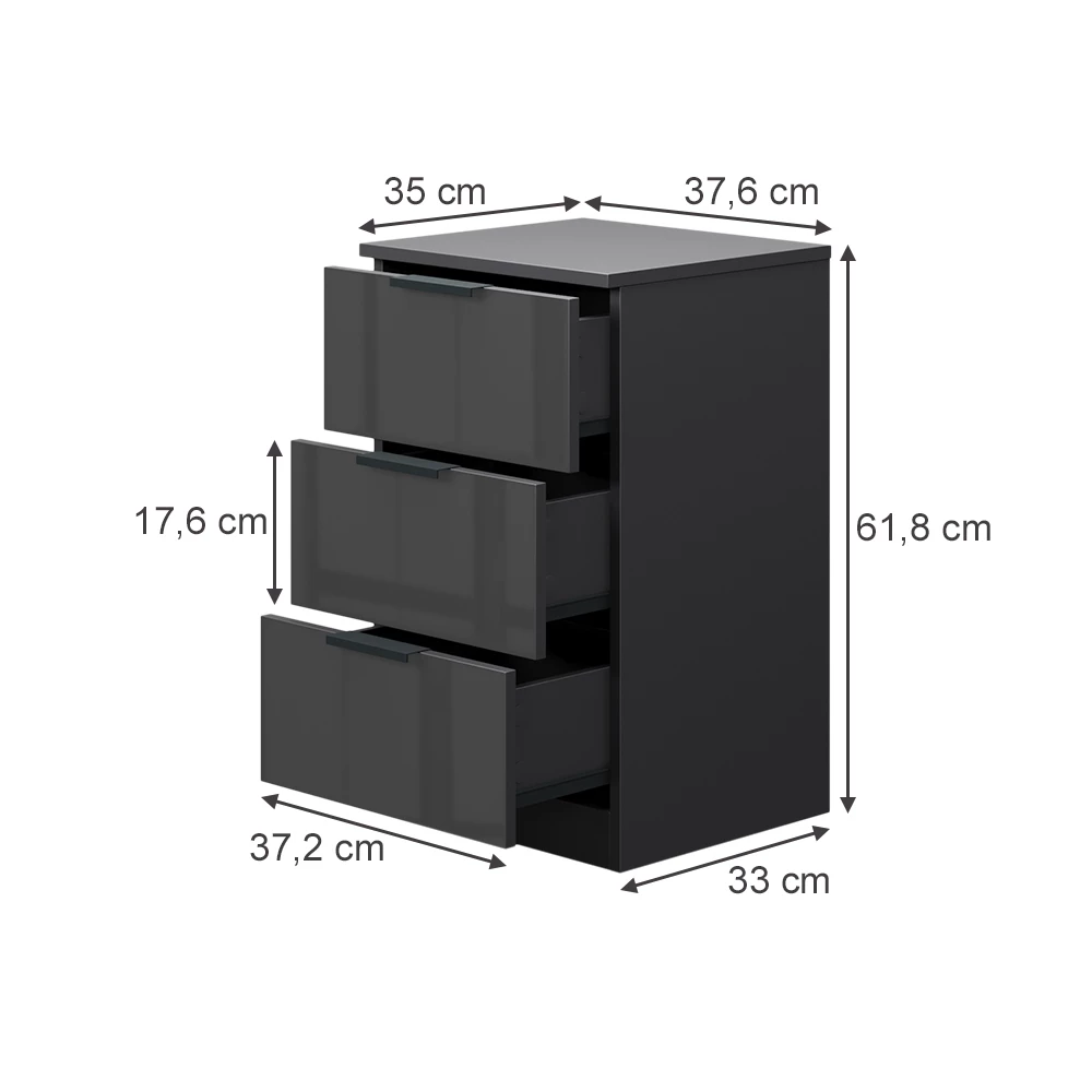 Table de chevet en Noir Haute brillance sur fond blanc