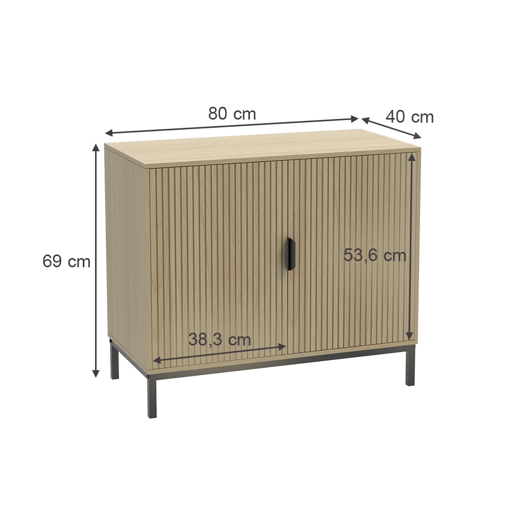 Kommode  in Eiche auf weißem Hintergrund mit sichtbaren Maßen