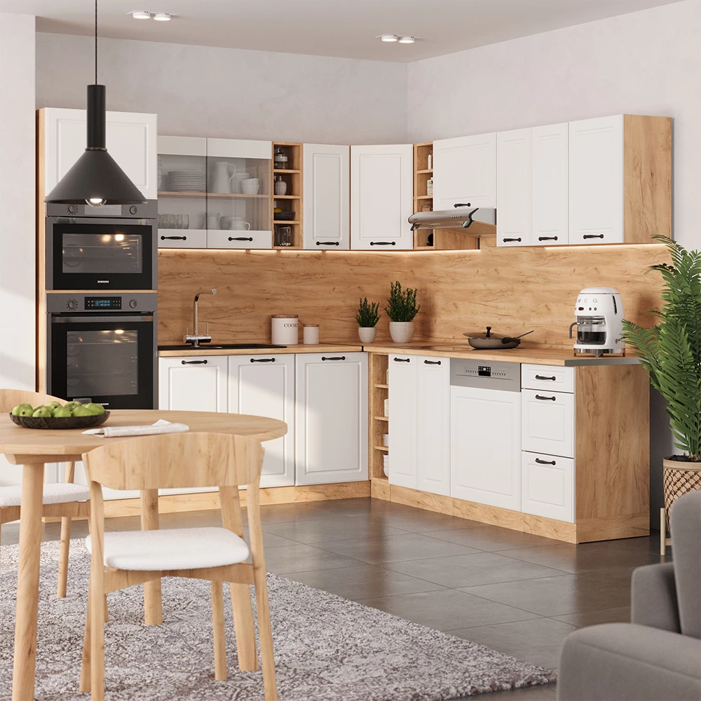 Eckküche in Weiß Landhaus/Goldkraft Eiche auf weißem Hintergrund