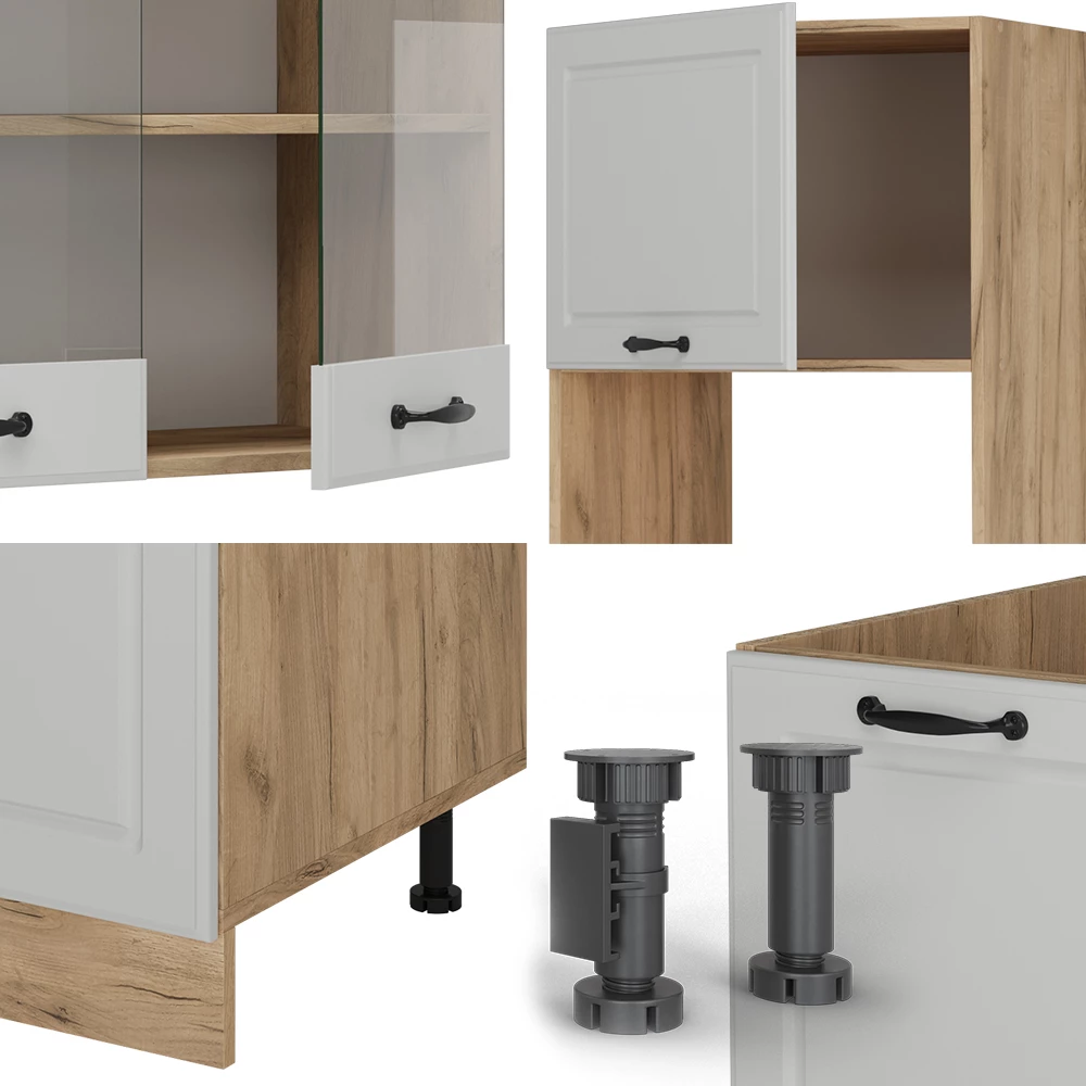 Gros plan de Cuisine en angle en Blanc campagnard/Chêne doré, montrant la texture/les détails
