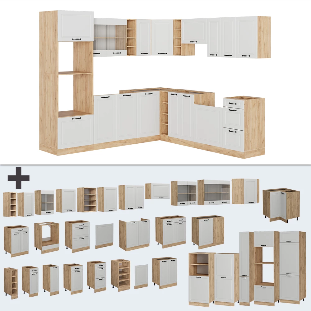 Gros plan de Cuisine en angle en Blanc campagnard/Chêne doré, montrant le design et les détails de surface