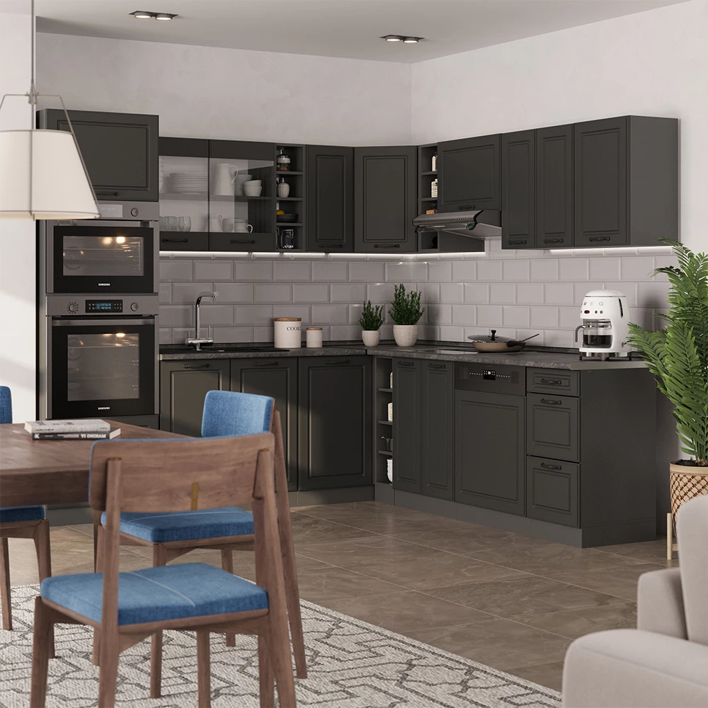 Eckküche in Anthrazit Landhaus auf weißem Hintergrund