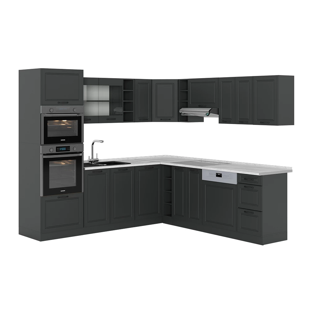 Eckküche in Anthrazit Landhaus auf weißem Hintergrund