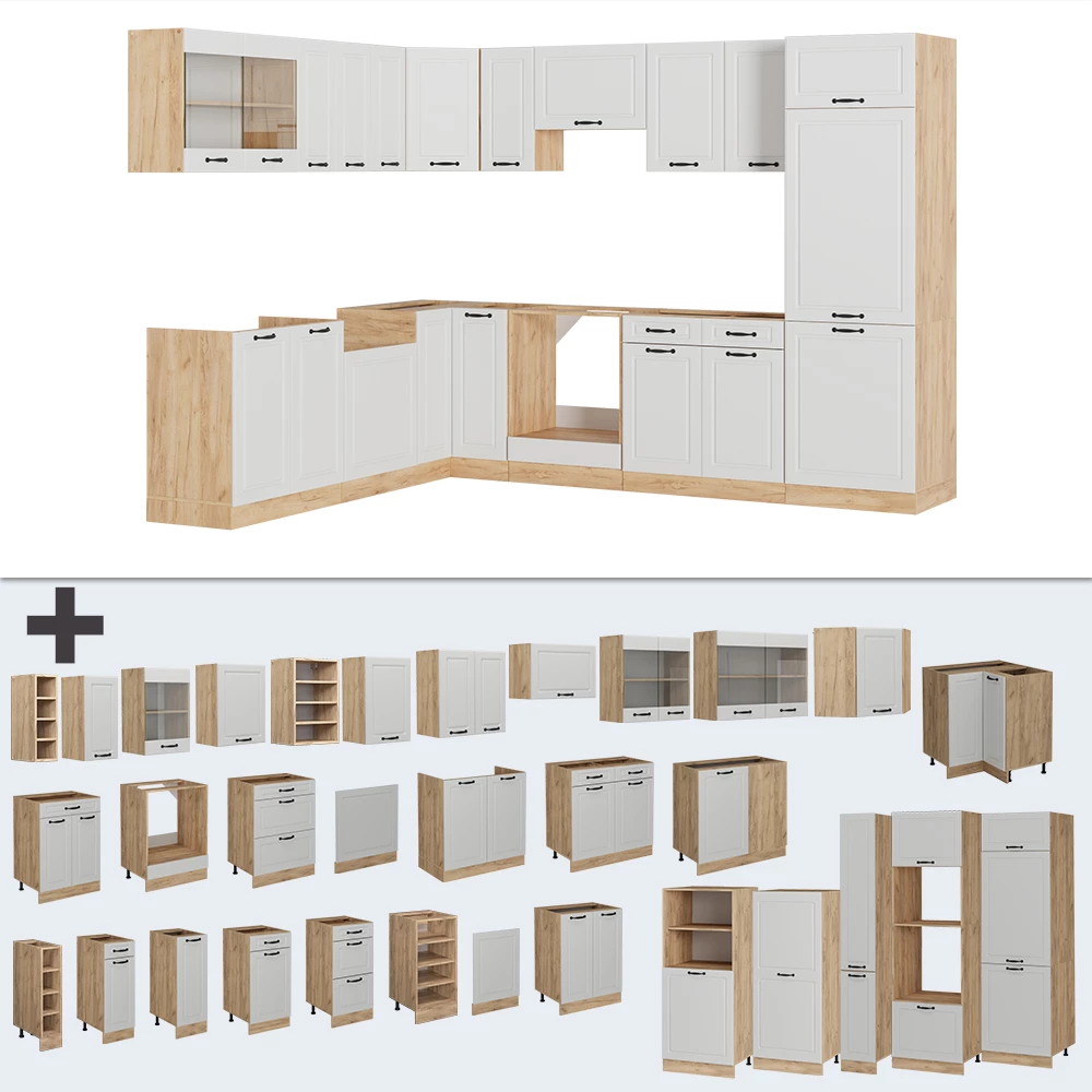Nahaufnahme von Eckküche in Weiß Landhaus/Goldkraft Eiche, zeigt Design- und Oberflächendetails