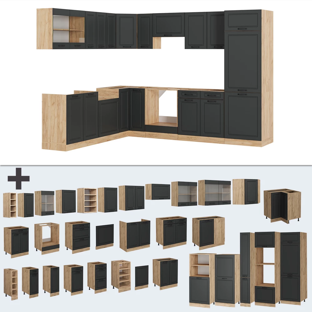 Nahaufnahme von Eckküche in Anthrazit Landhaus/Goldkraft Eiche, zeigt Design- und Oberflächendetails