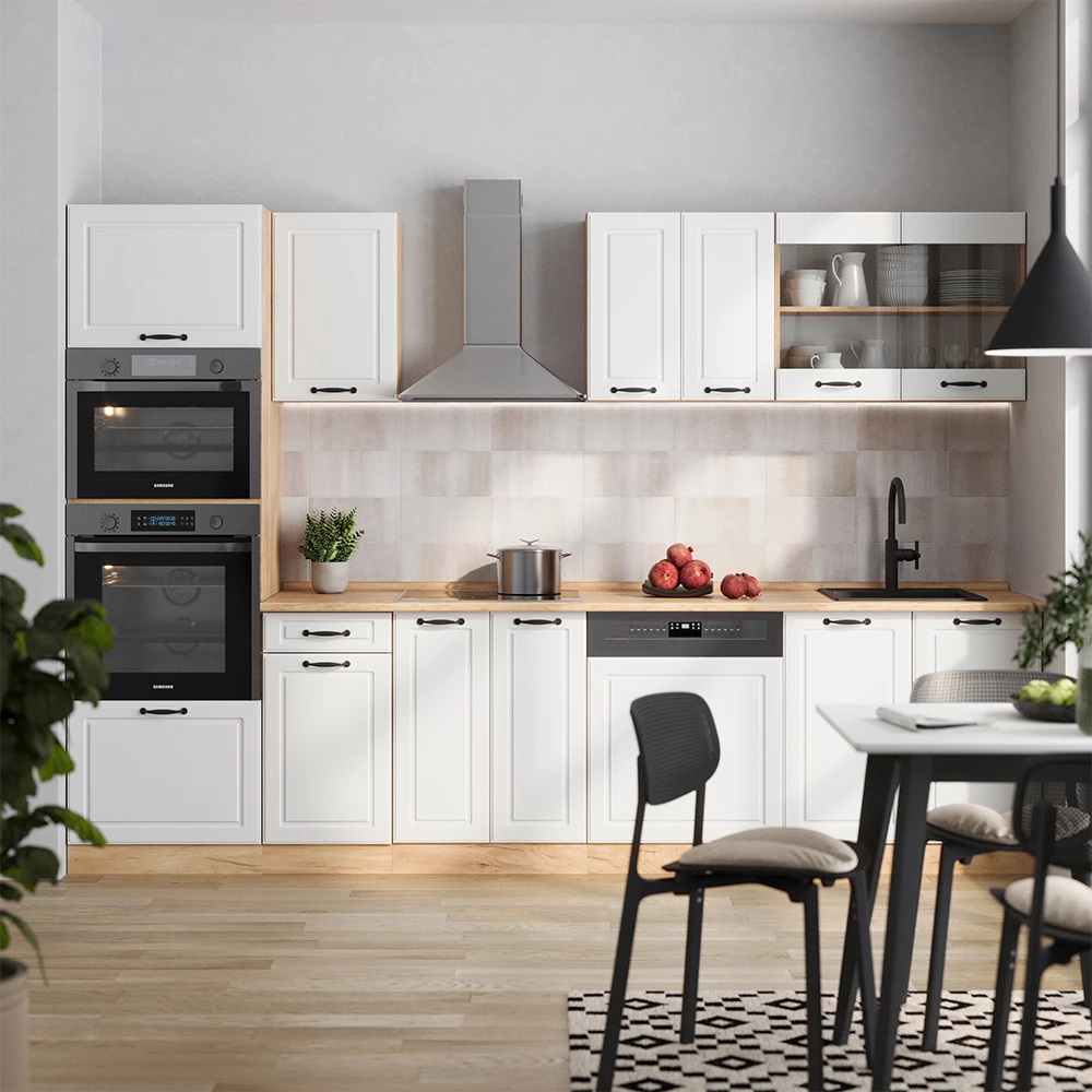 Konyhabútor Fehér vidéki ház/arany tölgy színben fehér háttéren