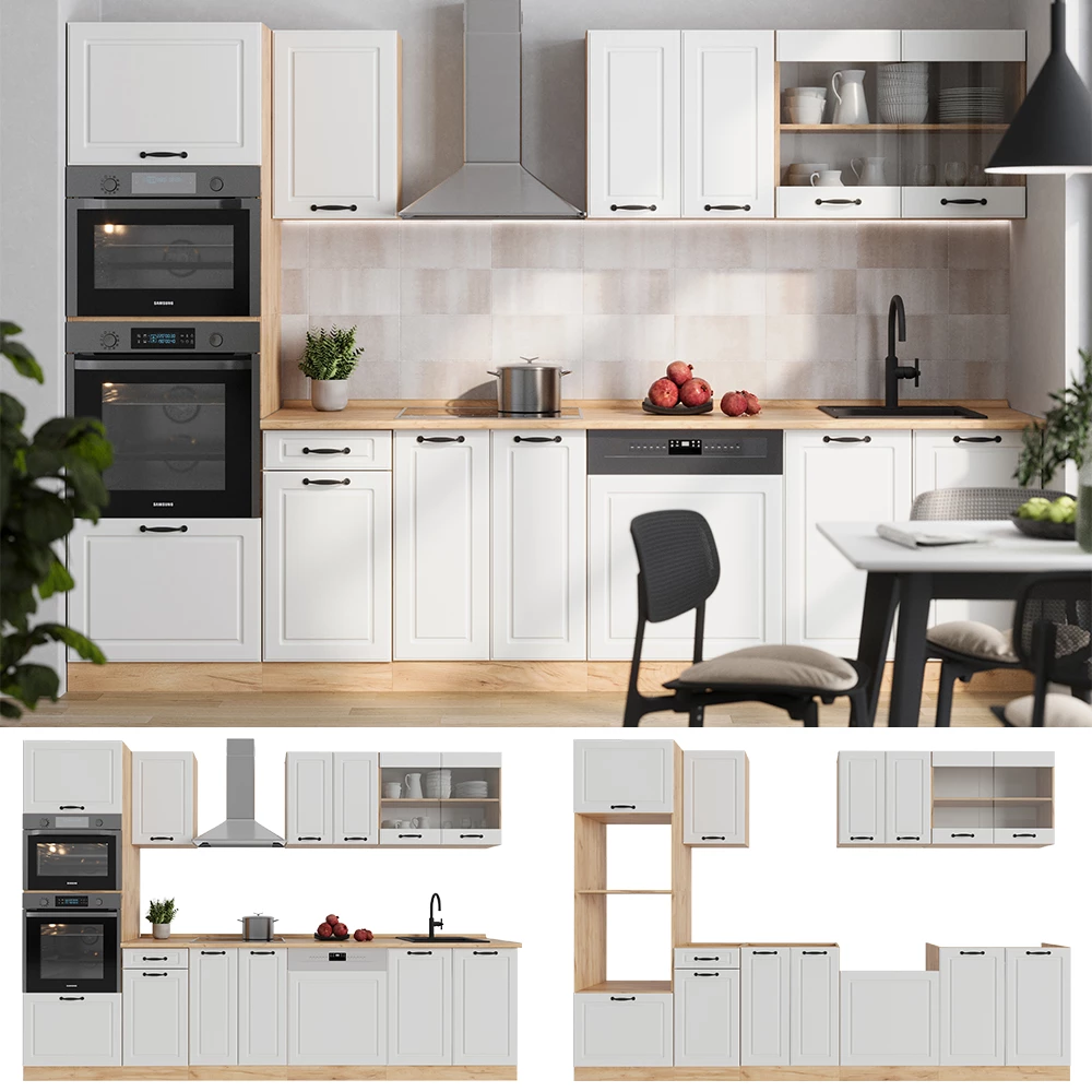 Complete keukeneenheid R-Line Wit landhuis/gouden eik 300 cm met hoge kast, WB Eik Vicco