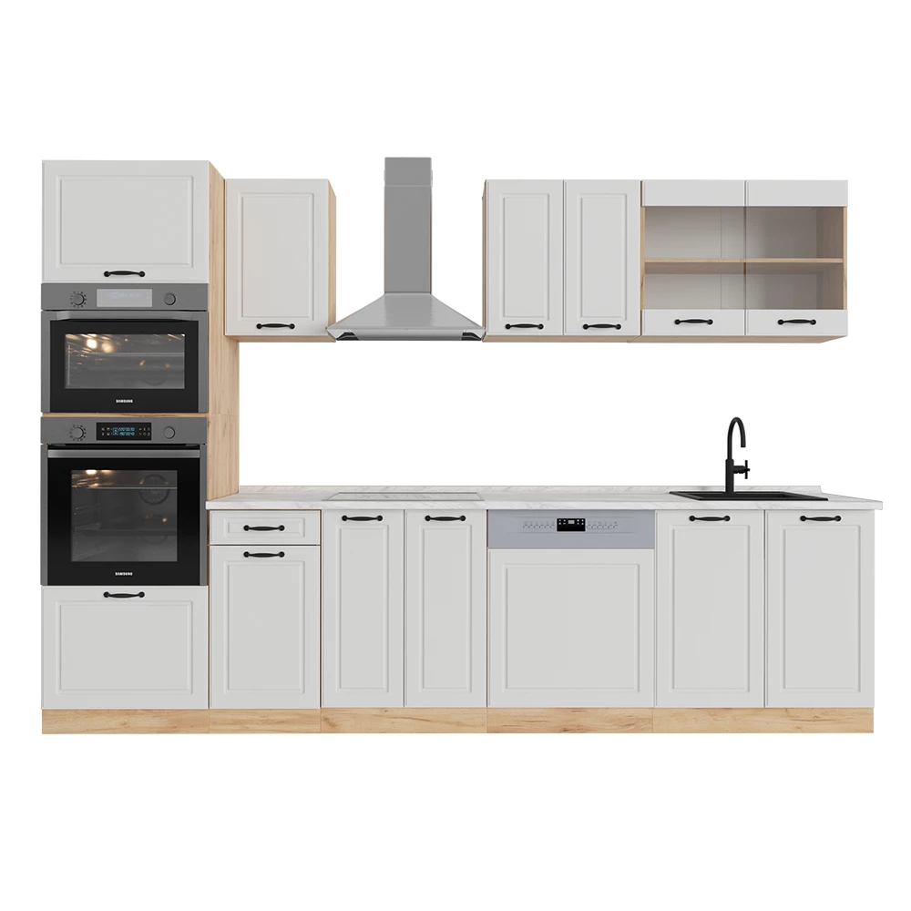 Konyhabútor Fehér vidéki ház/arany tölgy színben fehér háttéren