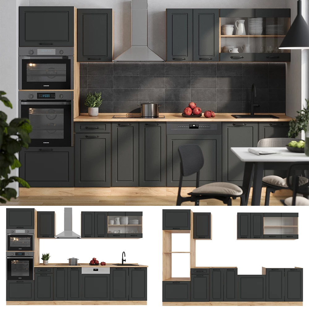 Complete keukeneenheid R-Line Antraciet landhuis/gouden eik 300 cm met hoge kast, WB Antraciet Vicco
