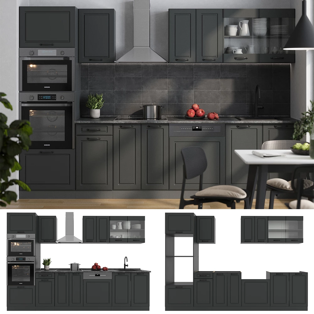 Complete keukeneenheid R-Line Antraciet landhuis/antraciet 300 cm met hoge kast, WB Antraciet Vicco