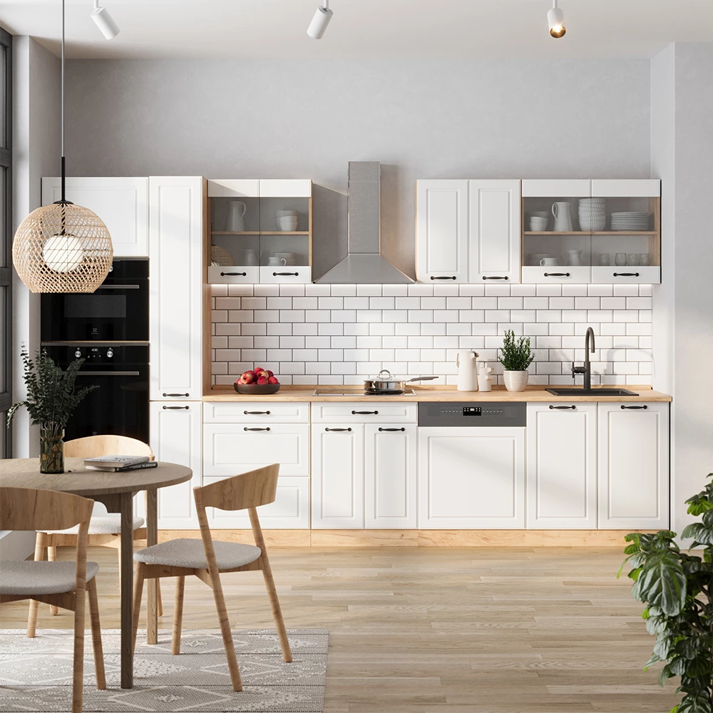 Cuisine complète en Blanc campagnard/Chêne doré sur fond blanc