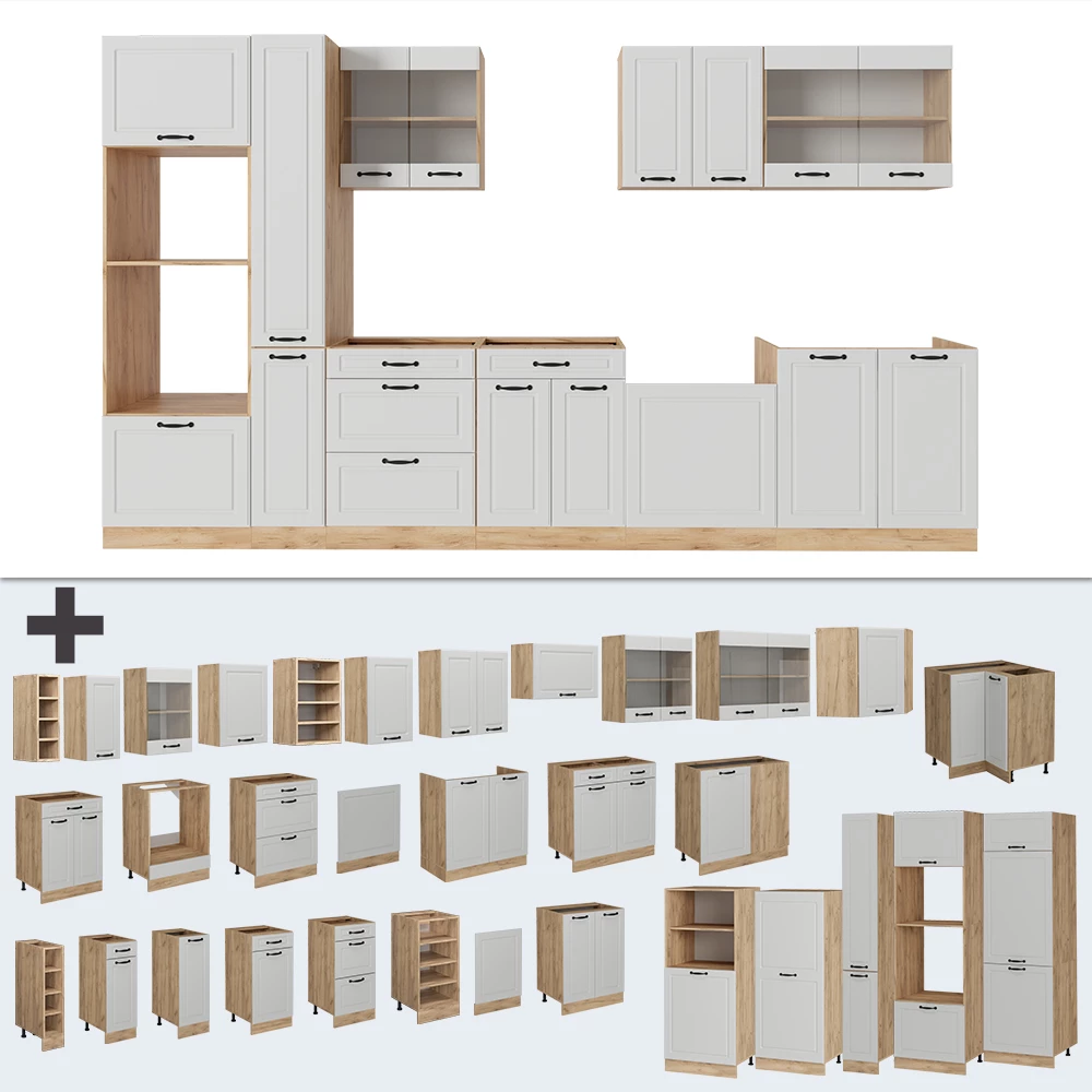 Close-up of Complete keuken in Wit landhuis/gouden eik, showing design and surface details