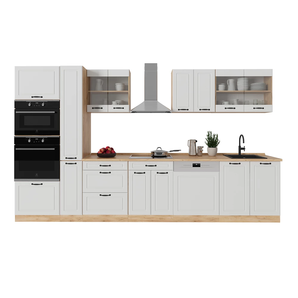 Complete keuken in Wit landhuis/gouden eik on white background with decorative elements
