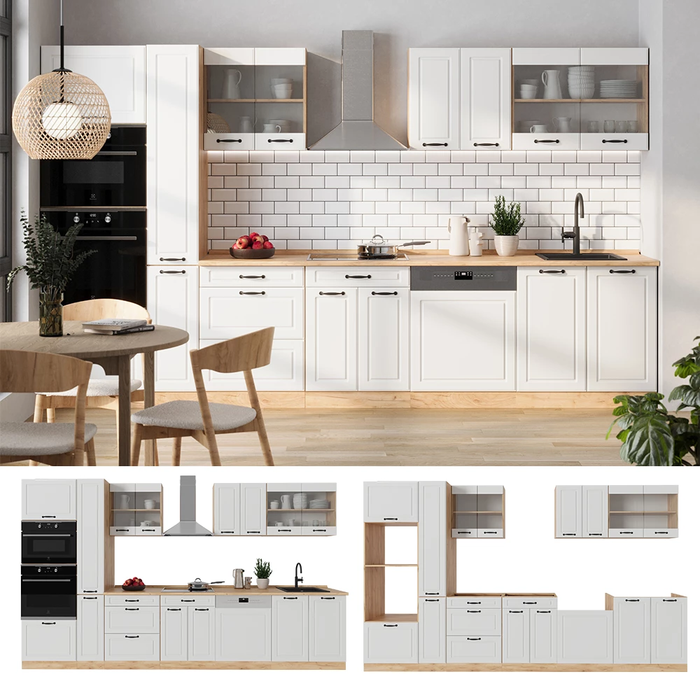 Complete keuken R-Line Wit landhuis/gouden eik 350 cm , WB Marmer Vicco