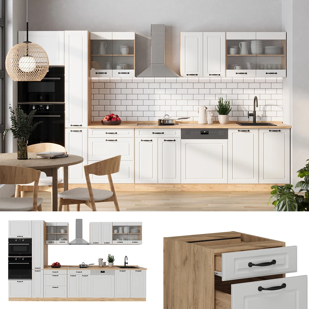 Complete keuken R-Line Wit landhuis/gouden eik 350 cm , WB Marmer Vicco
