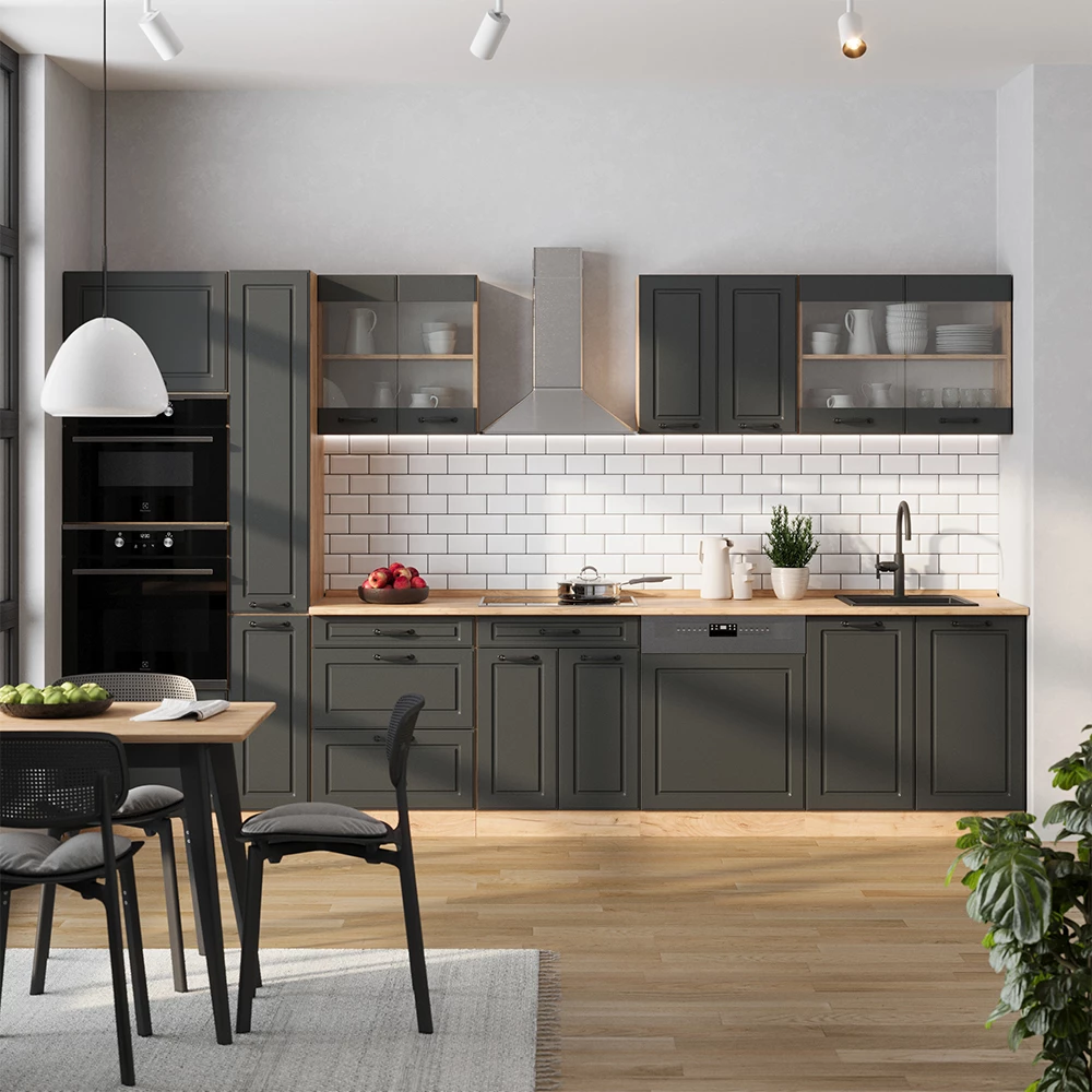 Complete keuken in Antraciet landhuis/gouden eik shown in ambient setting with decoration