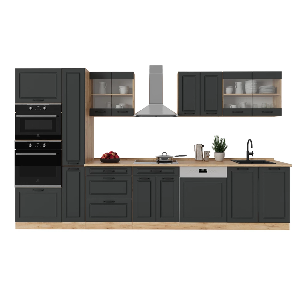 Complete keuken in Antraciet landhuis/gouden eik on white background with decorative elements