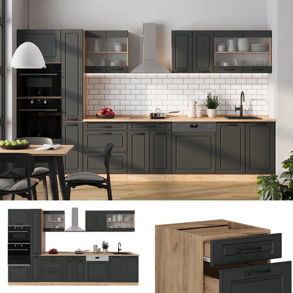 Complete keukeneenheid R-Line Antraciet landhuis/gouden eik 350 cm zonder werkblad Vicco