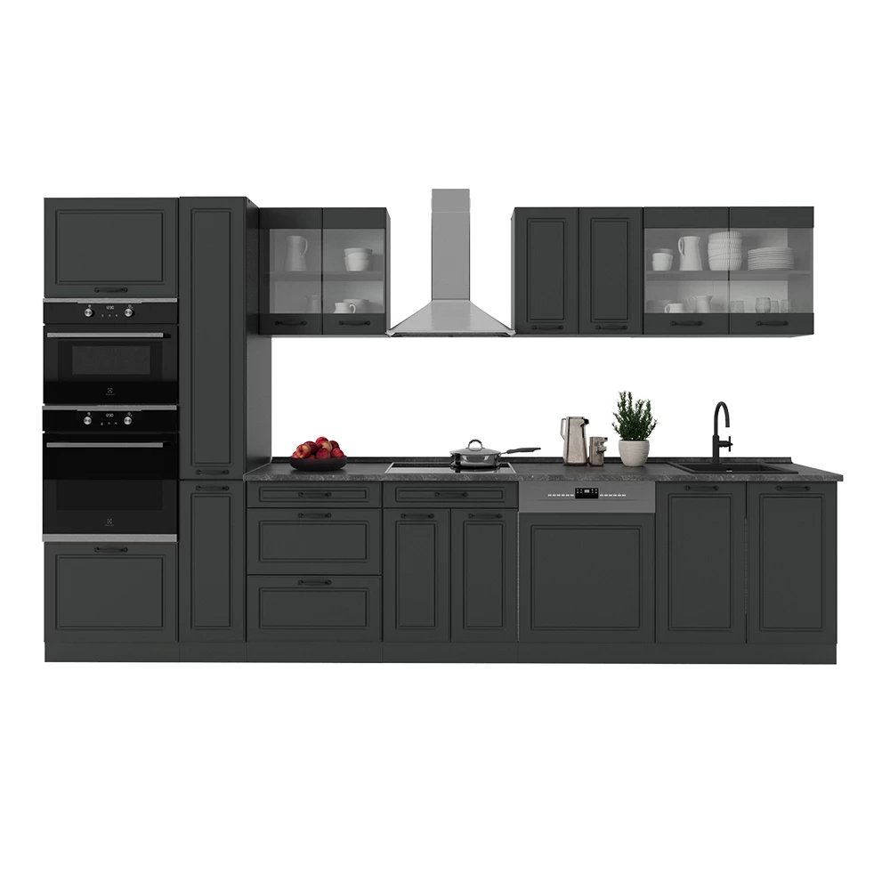 Complete keuken in Antraciet landhuis/antraciet on white background with decorative elements