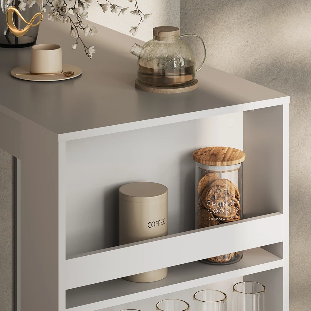 Nahaufnahme von Bartisch in Weiß, zeigt Design- und Oberflächendetails