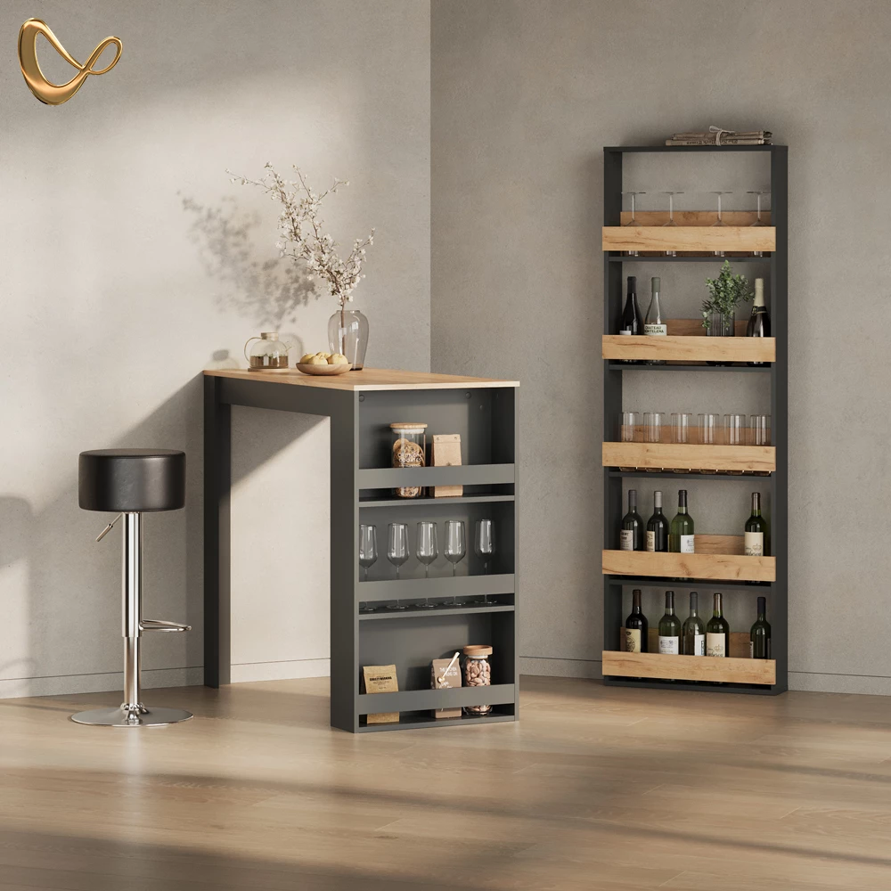 Bartisch in Goldkraft Eiche/Anthrazit, dargestellt im Ambiente und auf weißem Hintergrund