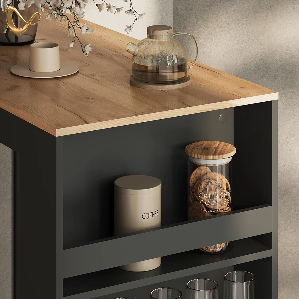 Nahaufnahme von Bartisch in Goldkraft Eiche/Anthrazit, zeigt Design- und Oberflächendetails