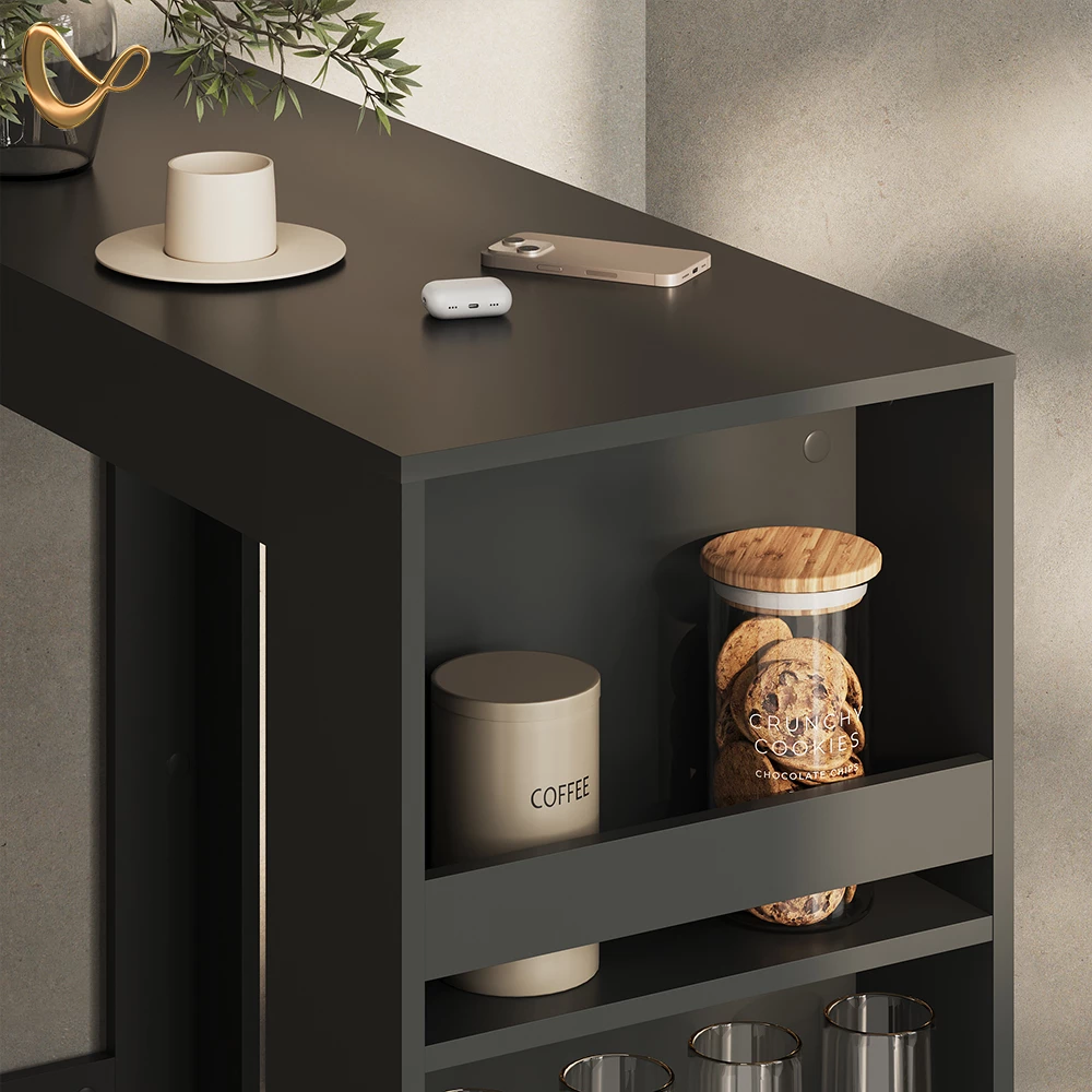 Nahaufnahme von Bartisch in Anthrazit, zeigt Design- und Oberflächendetails