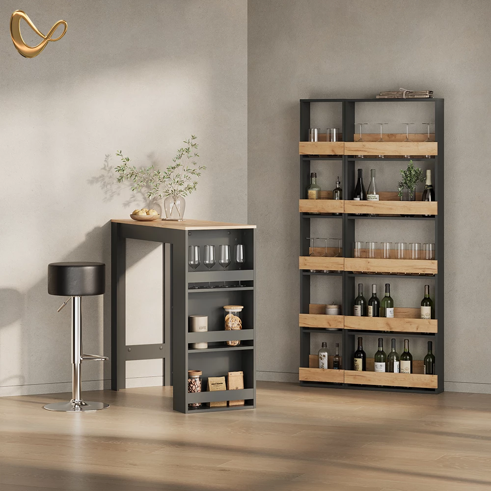Bartisch in Anthrazit/Goldkraft Eiche, dargestellt im Ambiente und auf weißem Hintergrund