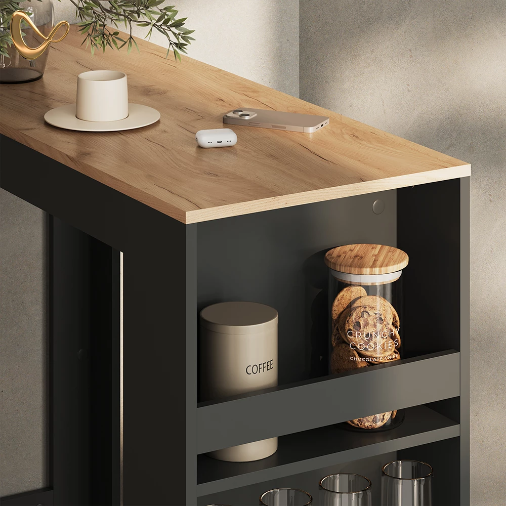 Nahaufnahme von Bartisch in Anthrazit/Goldkraft Eiche, zeigt Design- und Oberflächendetails