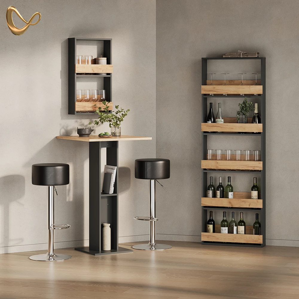 Bartisch in Goldkraft Eiche/Anthrazit, dargestellt im Ambiente und auf weißem Hintergrund