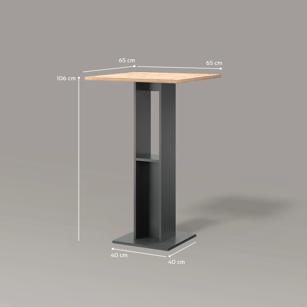 Bartisch in Goldkraft Eiche/Anthrazit auf weißem Hintergrund mit sichtbaren Maßen
