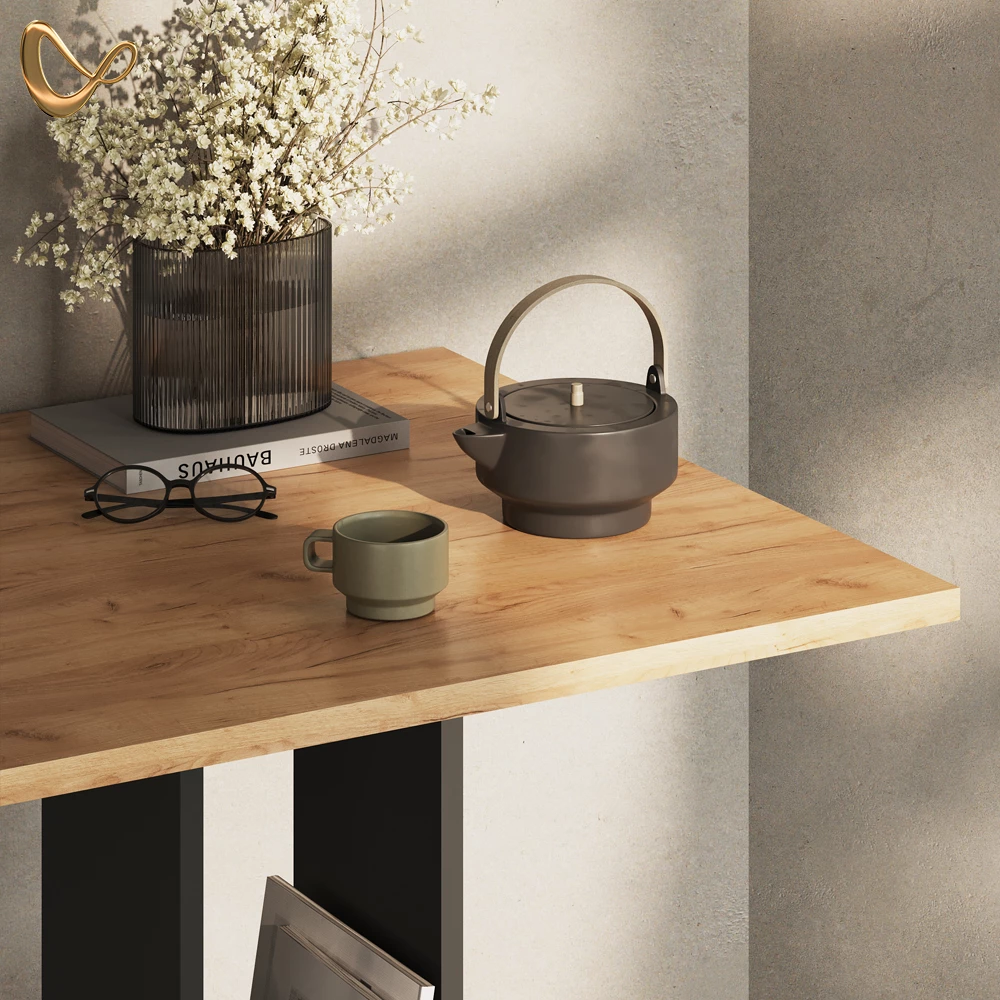 Nahaufnahme von Bartisch in Goldkraft Eiche/Anthrazit, zeigt Design- und Oberflächendetails