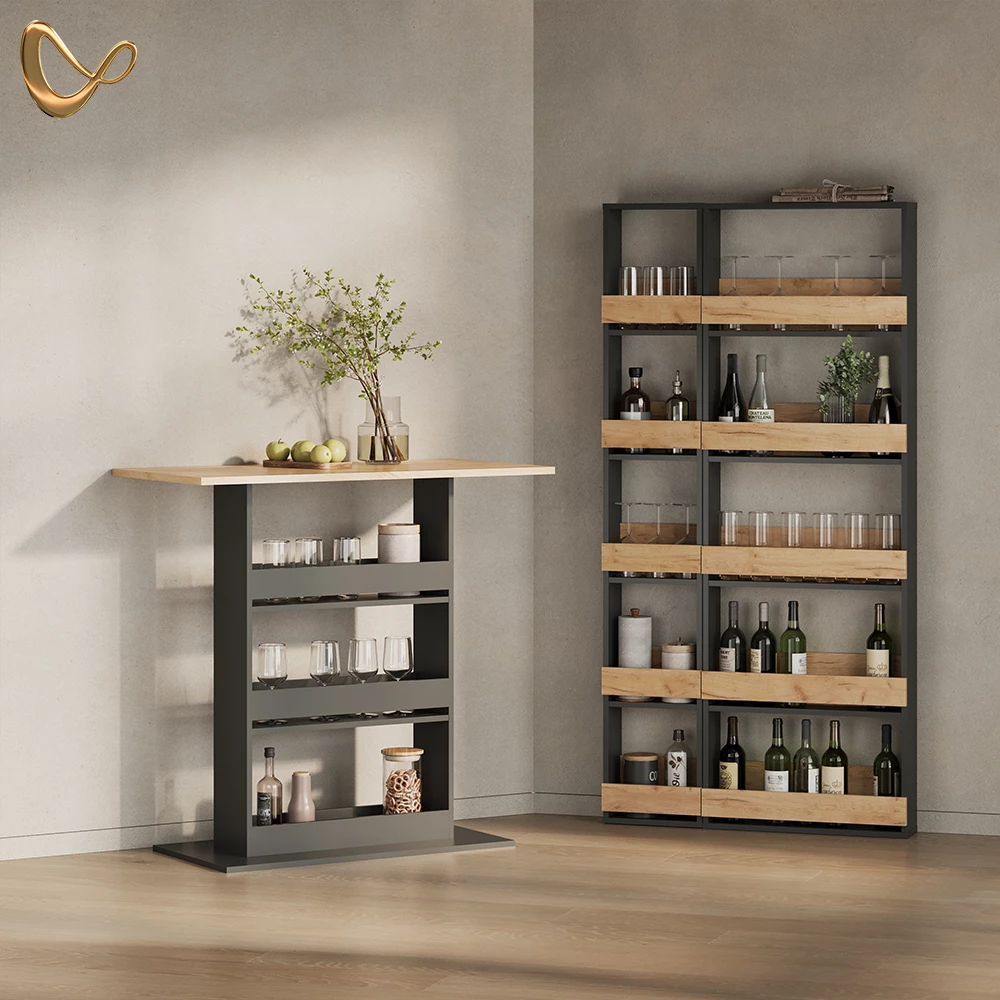 Bartisch in Goldkraft Eiche/Anthrazit, dargestellt im Ambiente und auf weißem Hintergrund