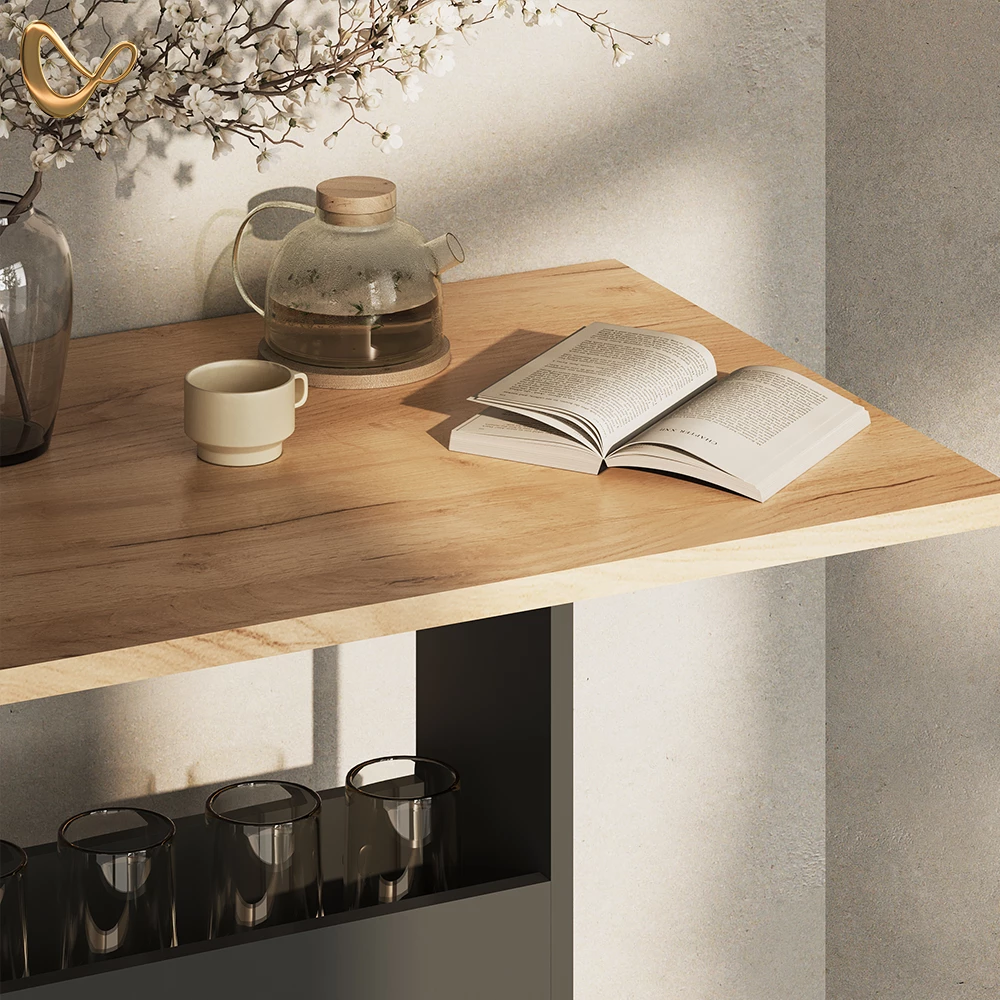 Nahaufnahme von Bartisch in Goldkraft Eiche/Anthrazit, zeigt Design- und Oberflächendetails